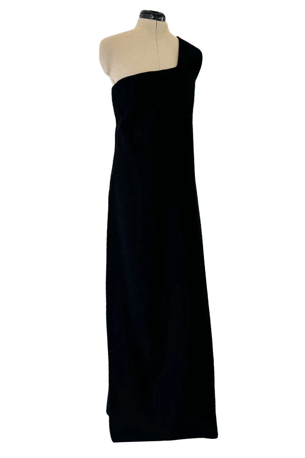 Minimalist Early 1960s James Galanos Couture Larger One Shoulder Black Crepe Long Column Dress