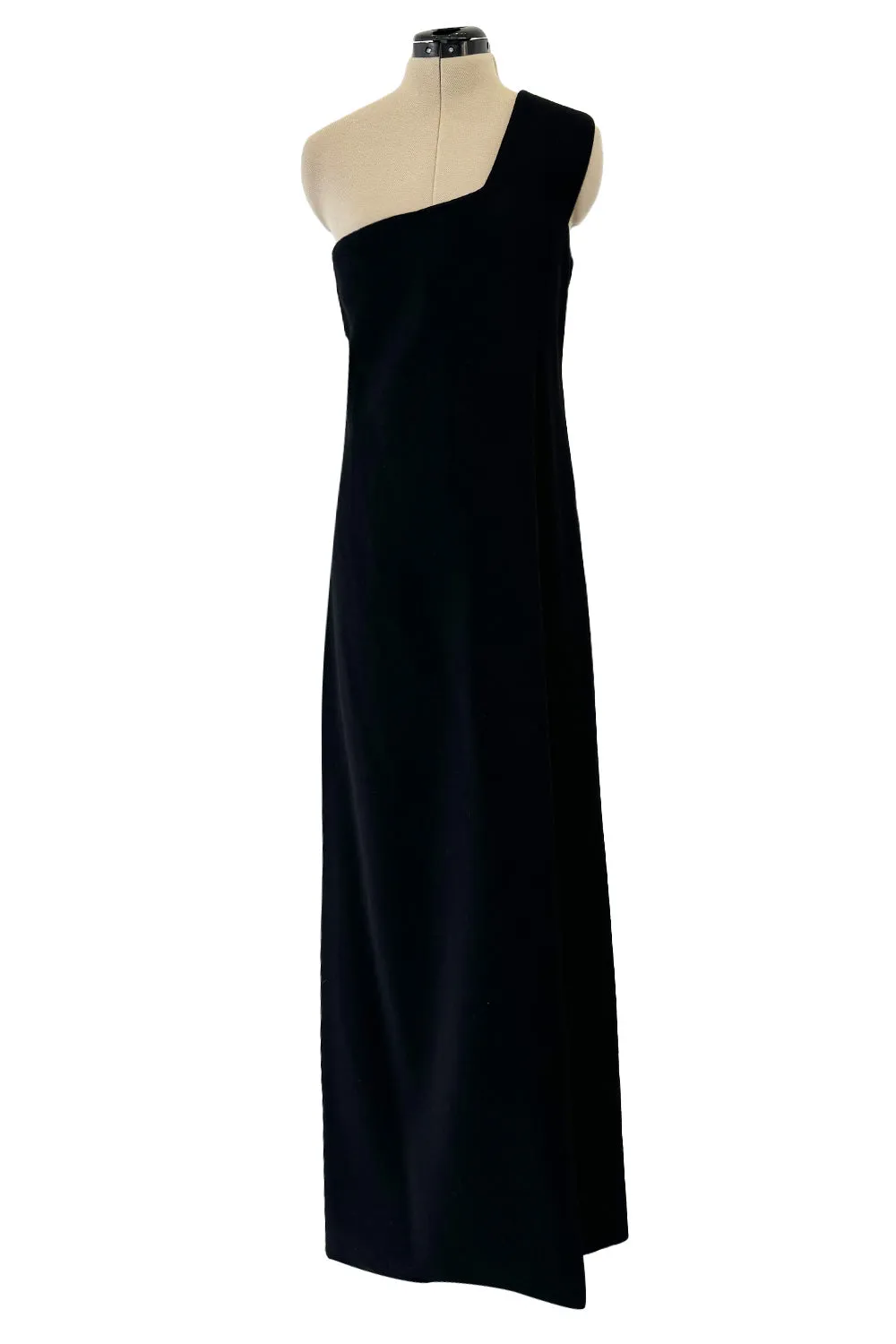 Minimalist Early 1960s James Galanos Couture Larger One Shoulder Black Crepe Long Column Dress