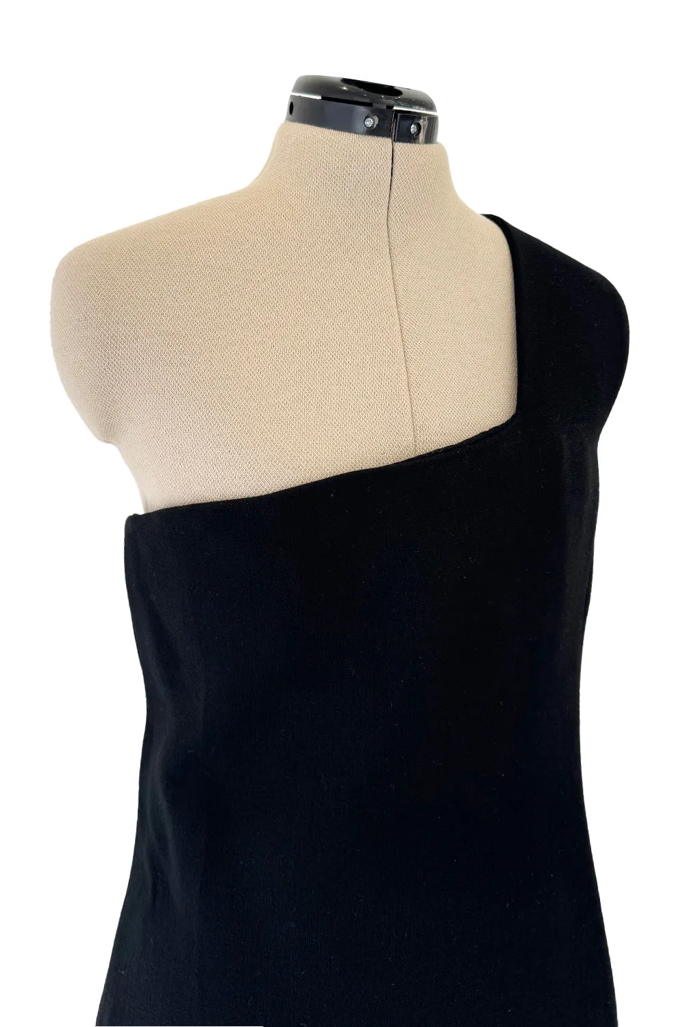 Minimalist Early 1960s James Galanos Couture Larger One Shoulder Black Crepe Long Column Dress