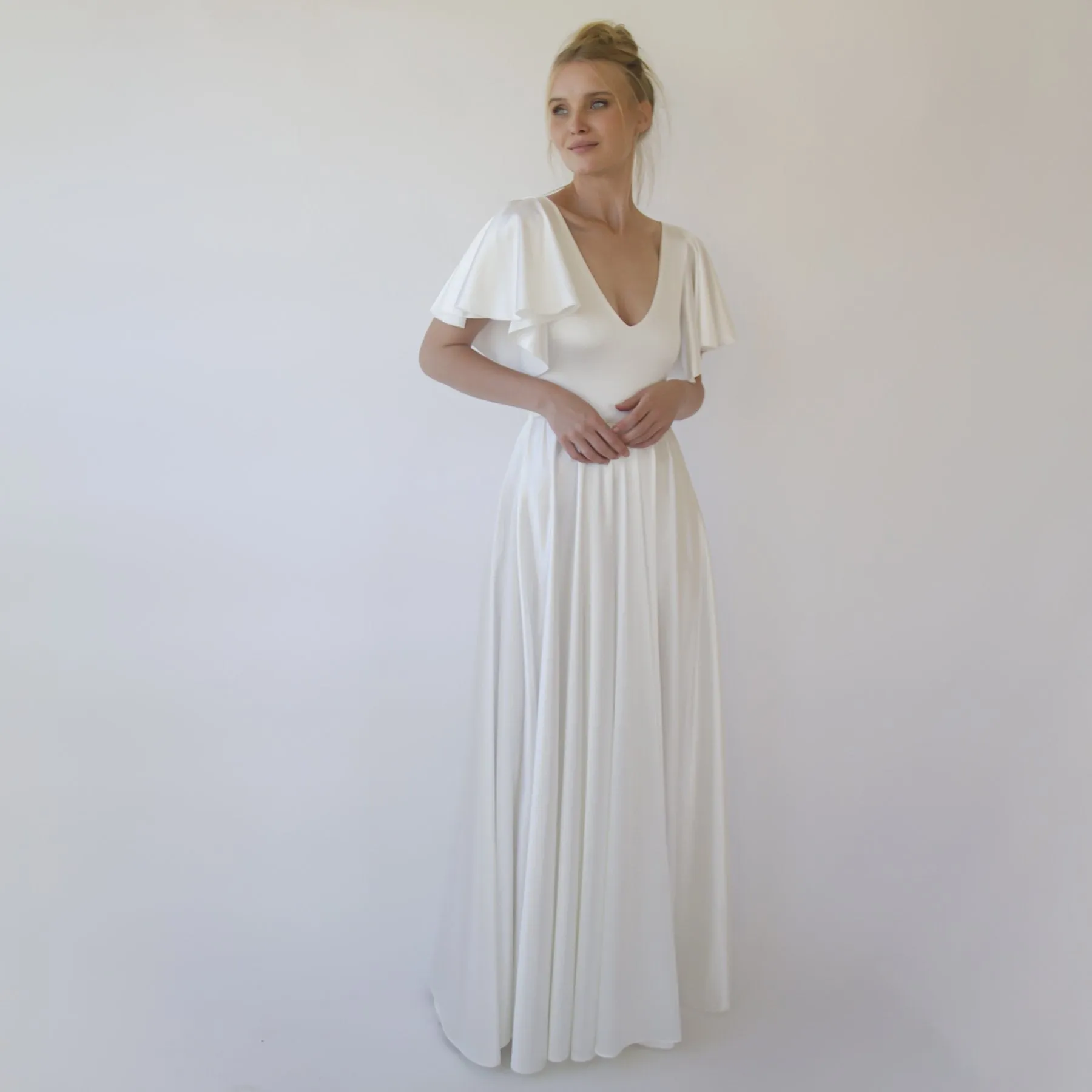 Minimalist, Elegant Satin Butterfly Sleeves Ivory Wedding Dress #1349