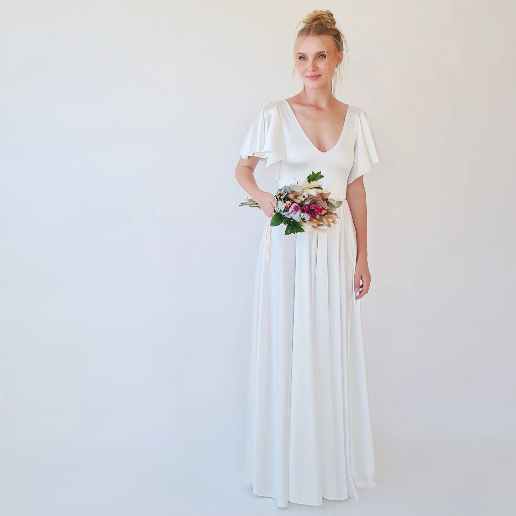 Minimalist, Elegant Satin Butterfly Sleeves Ivory Wedding Dress #1349