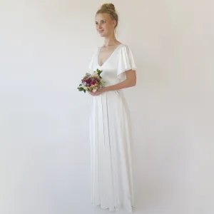 Minimalist, Elegant Satin Butterfly Sleeves Ivory Wedding Dress #1349