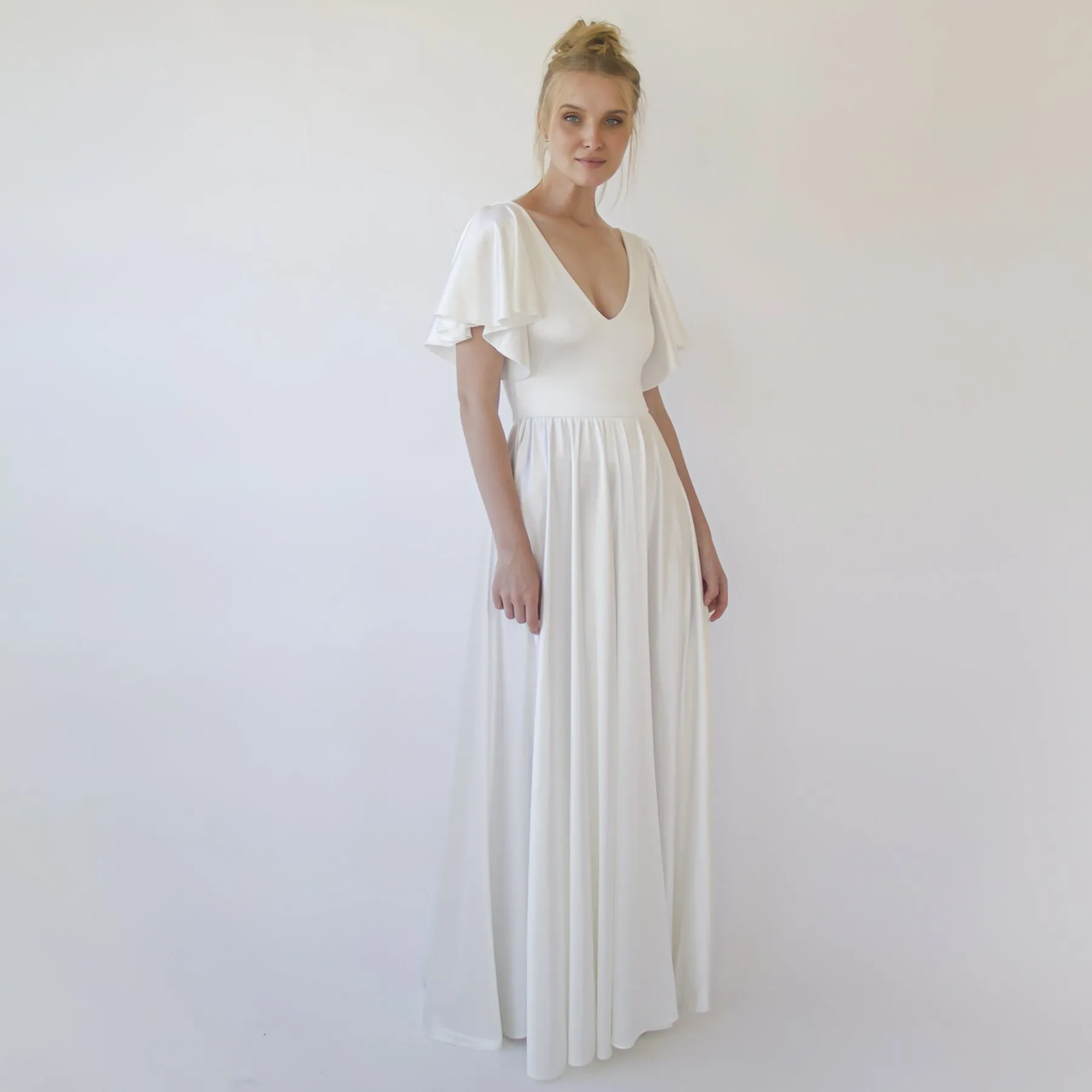 Minimalist, Elegant Satin Butterfly Sleeves Ivory Wedding Dress #1349