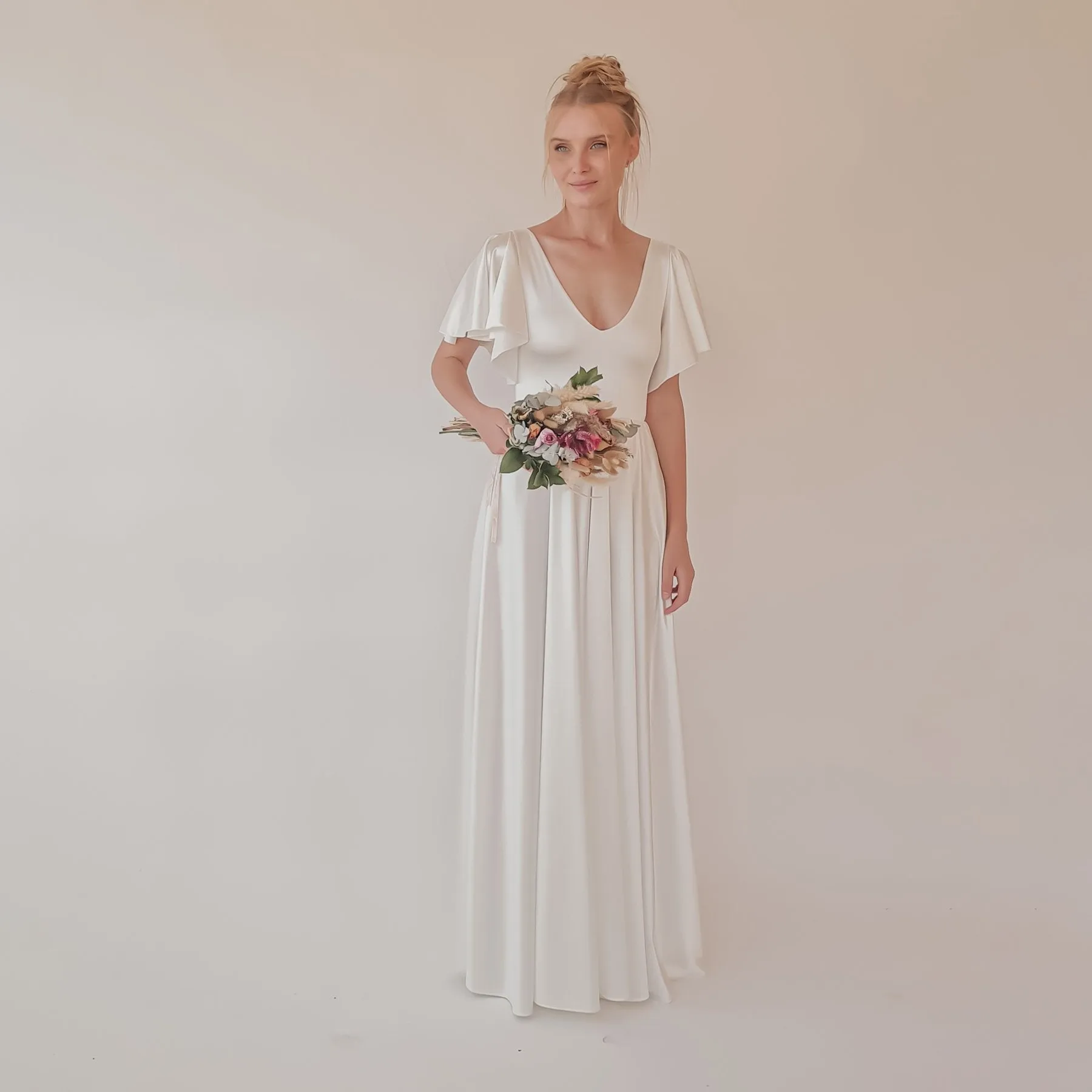 Minimalist, Elegant Satin Butterfly Sleeves Ivory Wedding Dress #1349