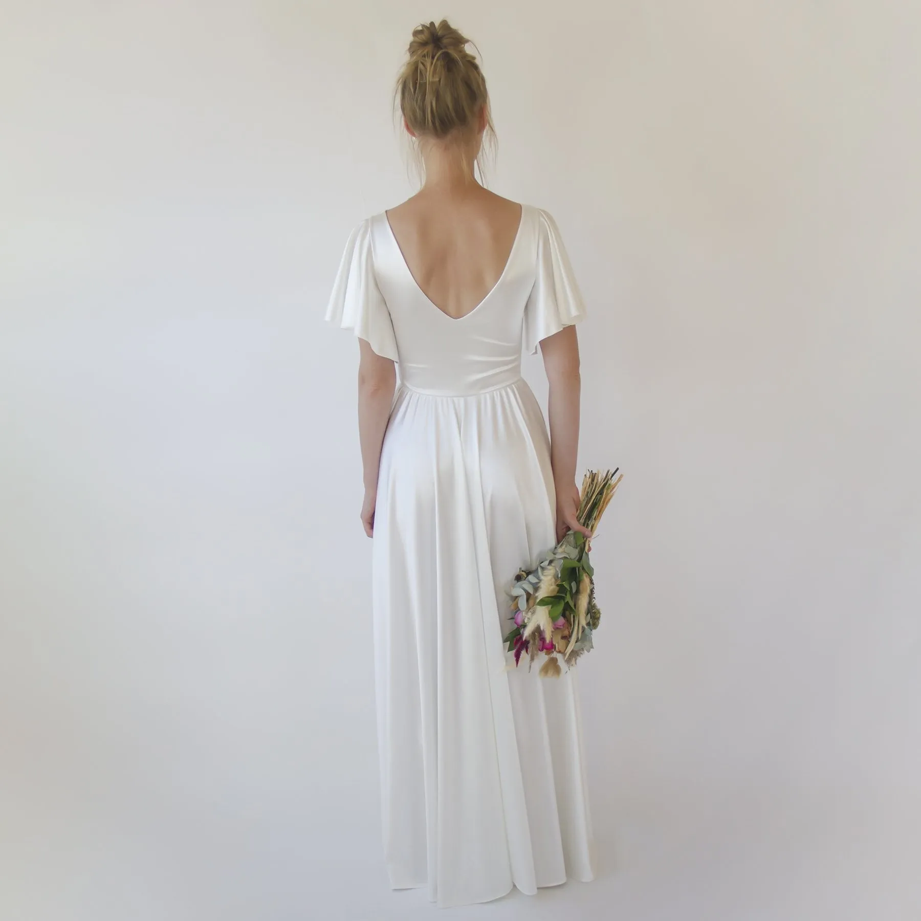 Minimalist, Elegant Satin Butterfly Sleeves Ivory Wedding Dress #1349