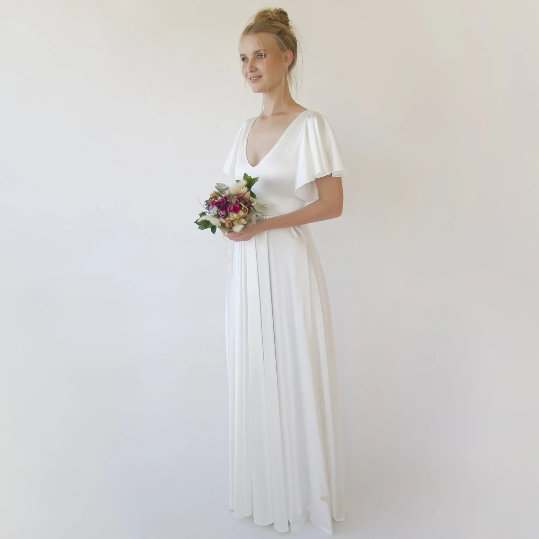 Minimalist, Elegant Satin Butterfly Sleeves Ivory Wedding Dress #1349