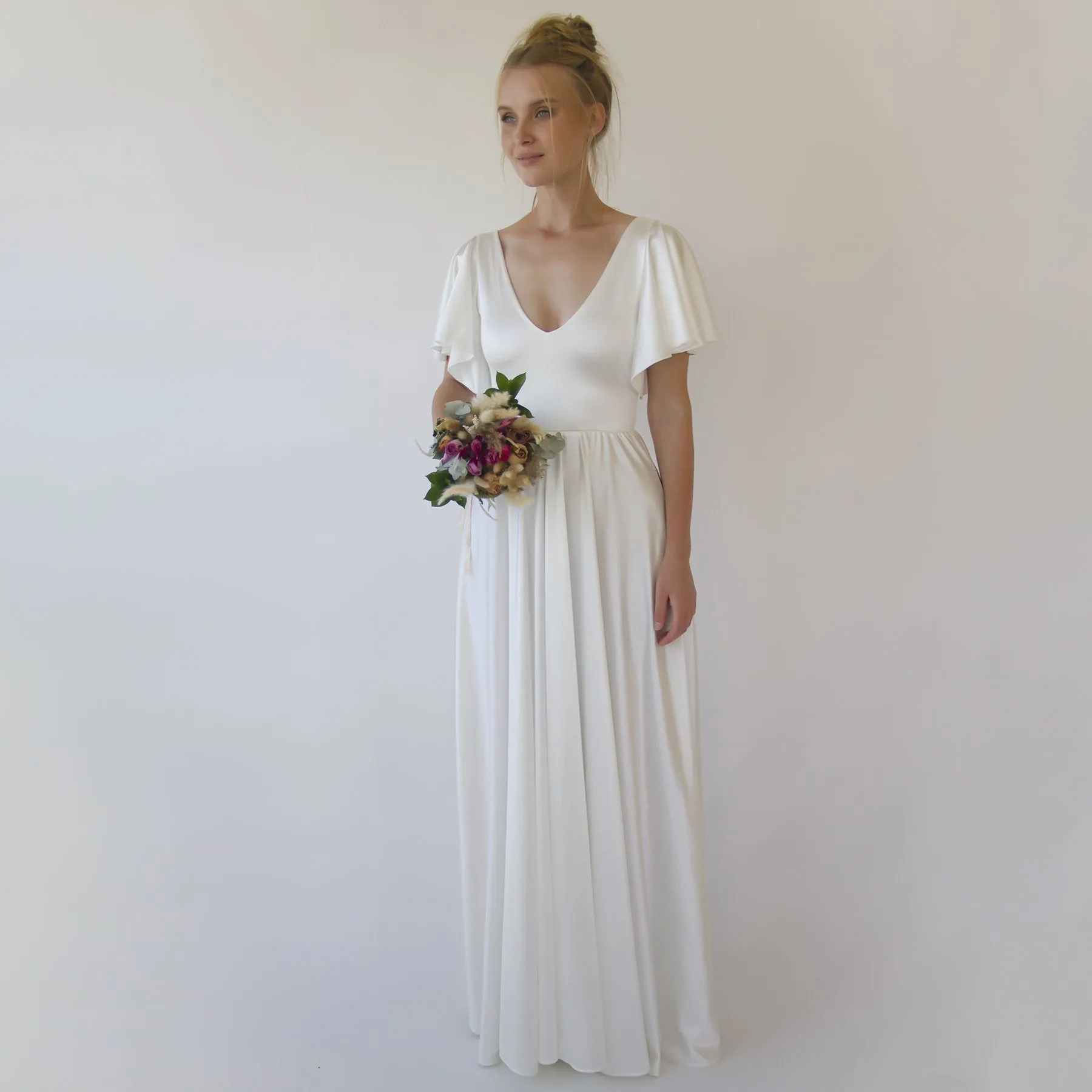 Minimalist, Elegant Satin Butterfly Sleeves Ivory Wedding Dress #1349