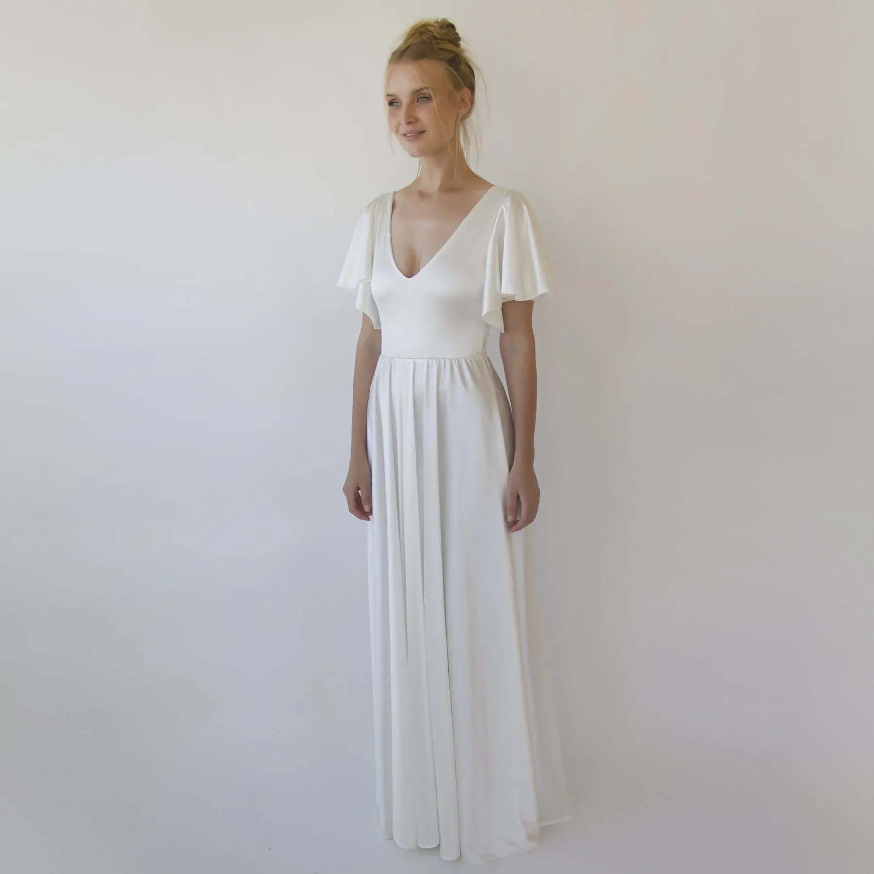 Minimalist, Elegant Satin Butterfly Sleeves Ivory Wedding Dress #1349