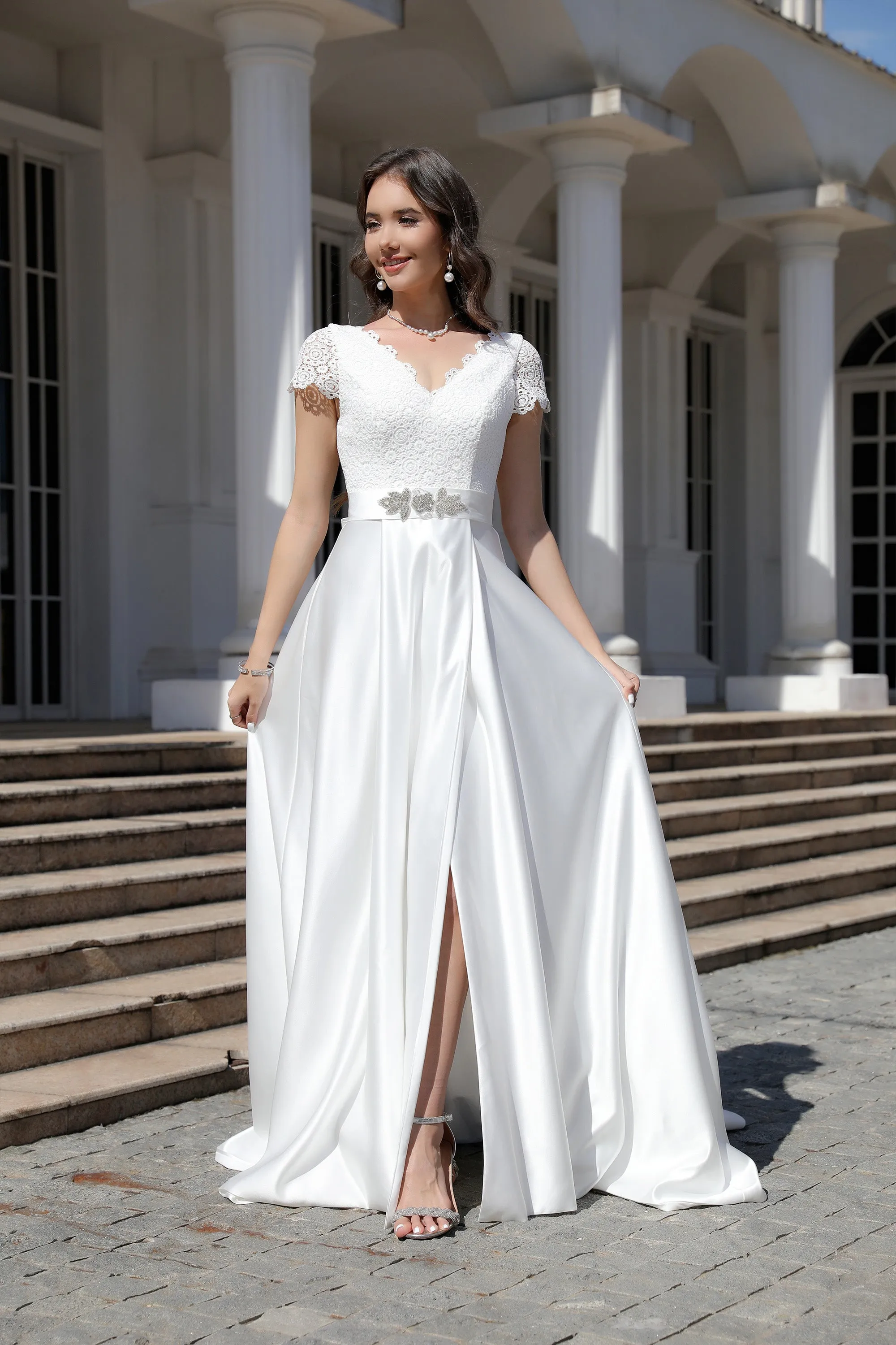 Minimalist Satin A Line Short Sleeve Wedding Dress with Belt