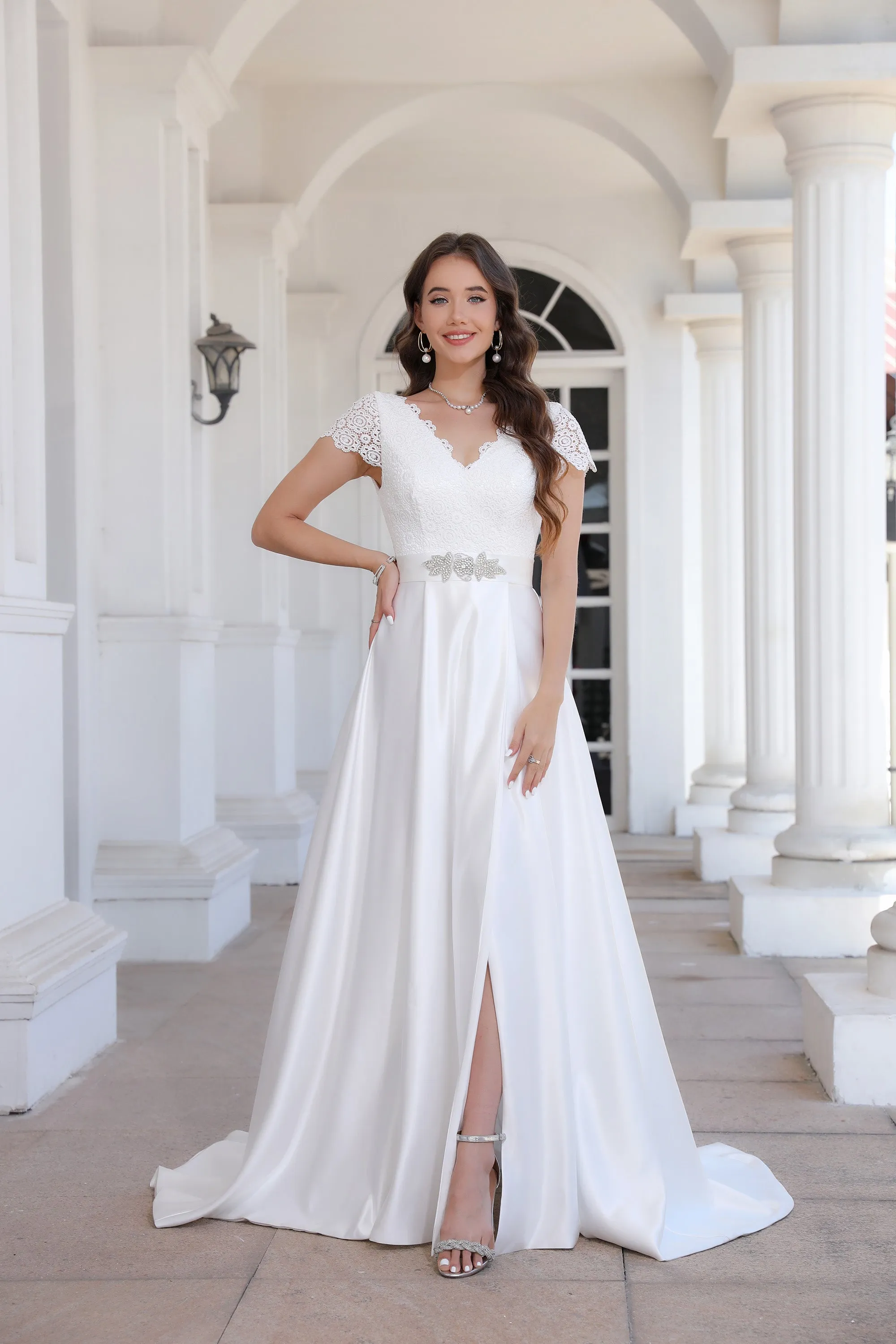 Minimalist Satin A Line Short Sleeve Wedding Dress with Belt