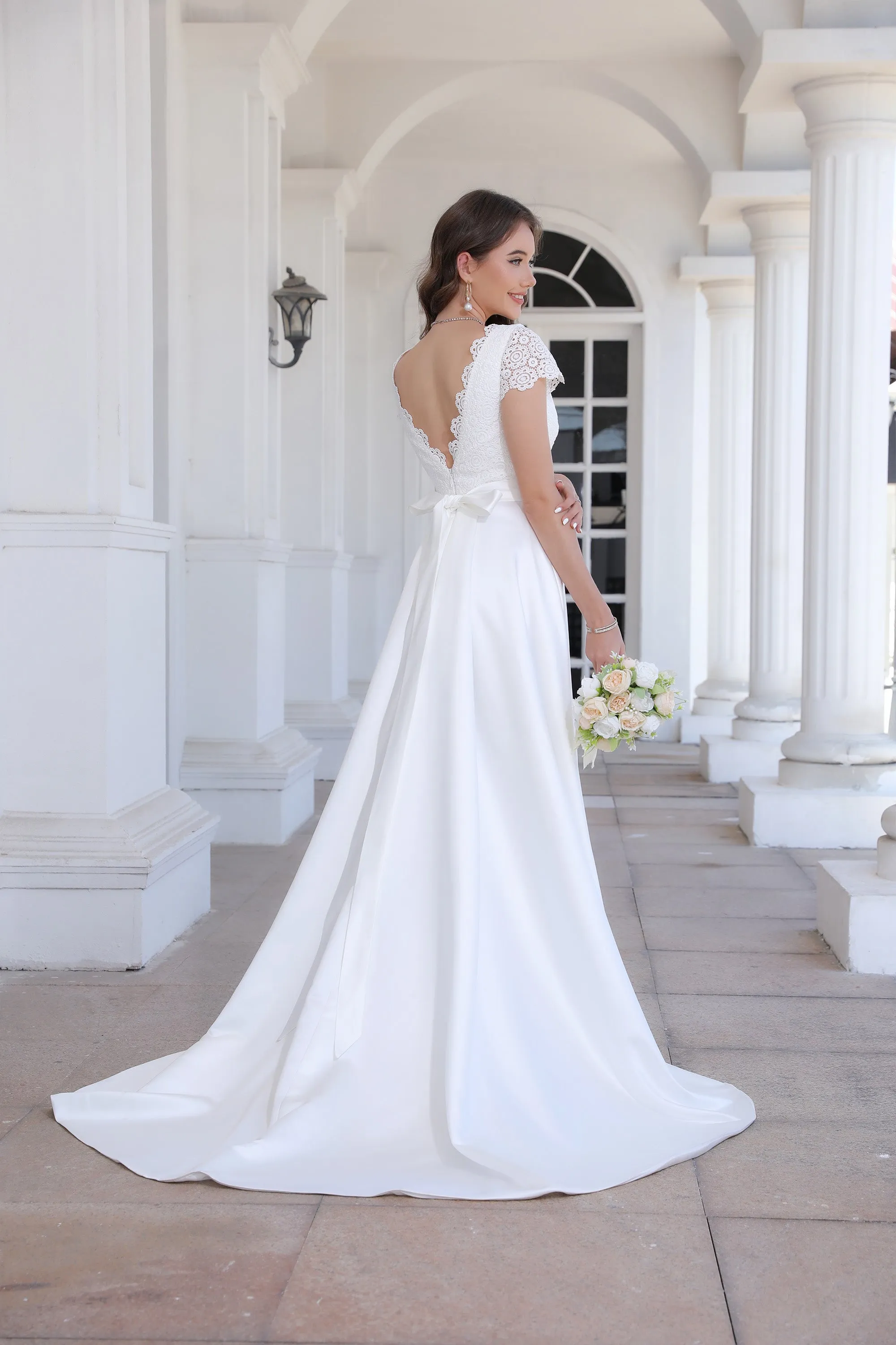 Minimalist Satin A Line Short Sleeve Wedding Dress with Belt