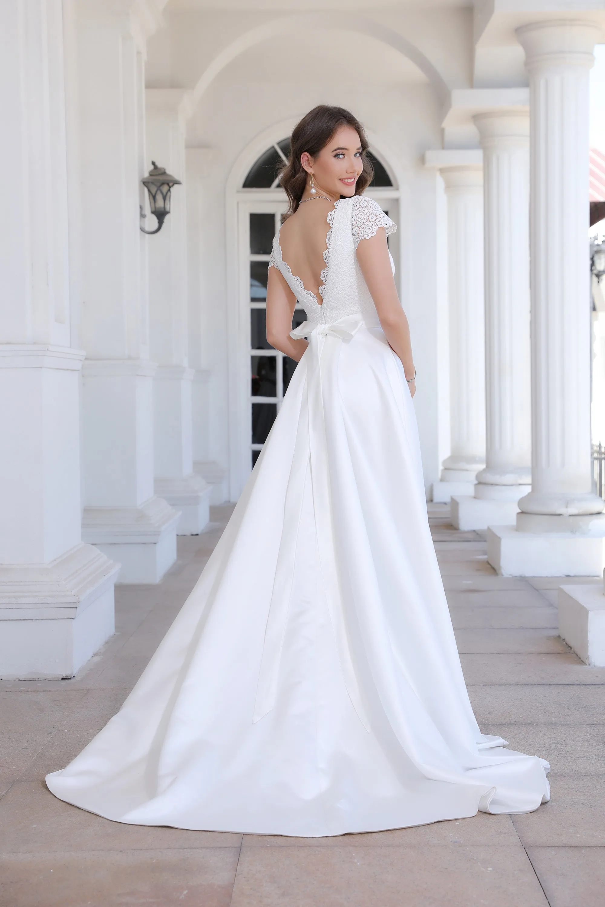 Minimalist Satin A Line Short Sleeve Wedding Dress with Belt