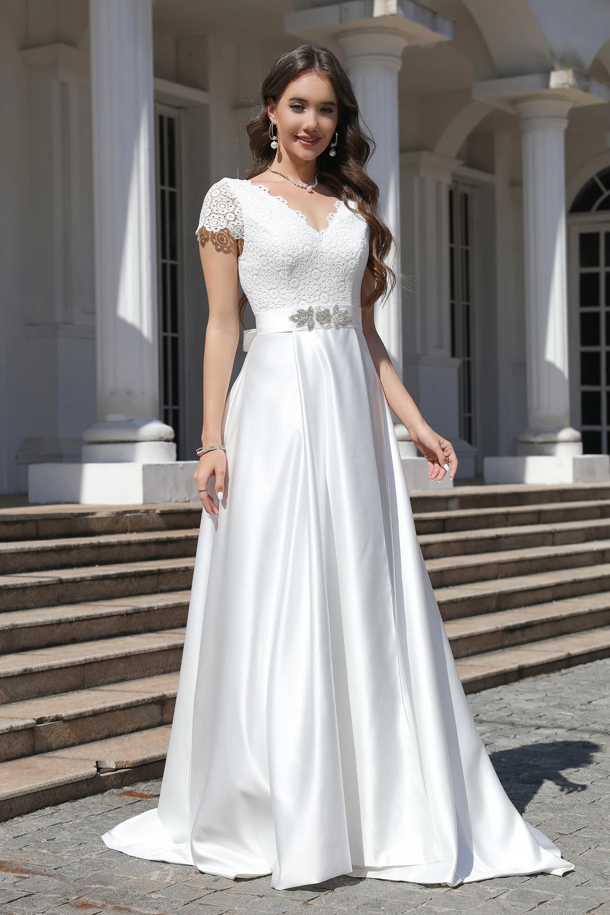 Minimalist Satin A Line Short Sleeve Wedding Dress with Belt