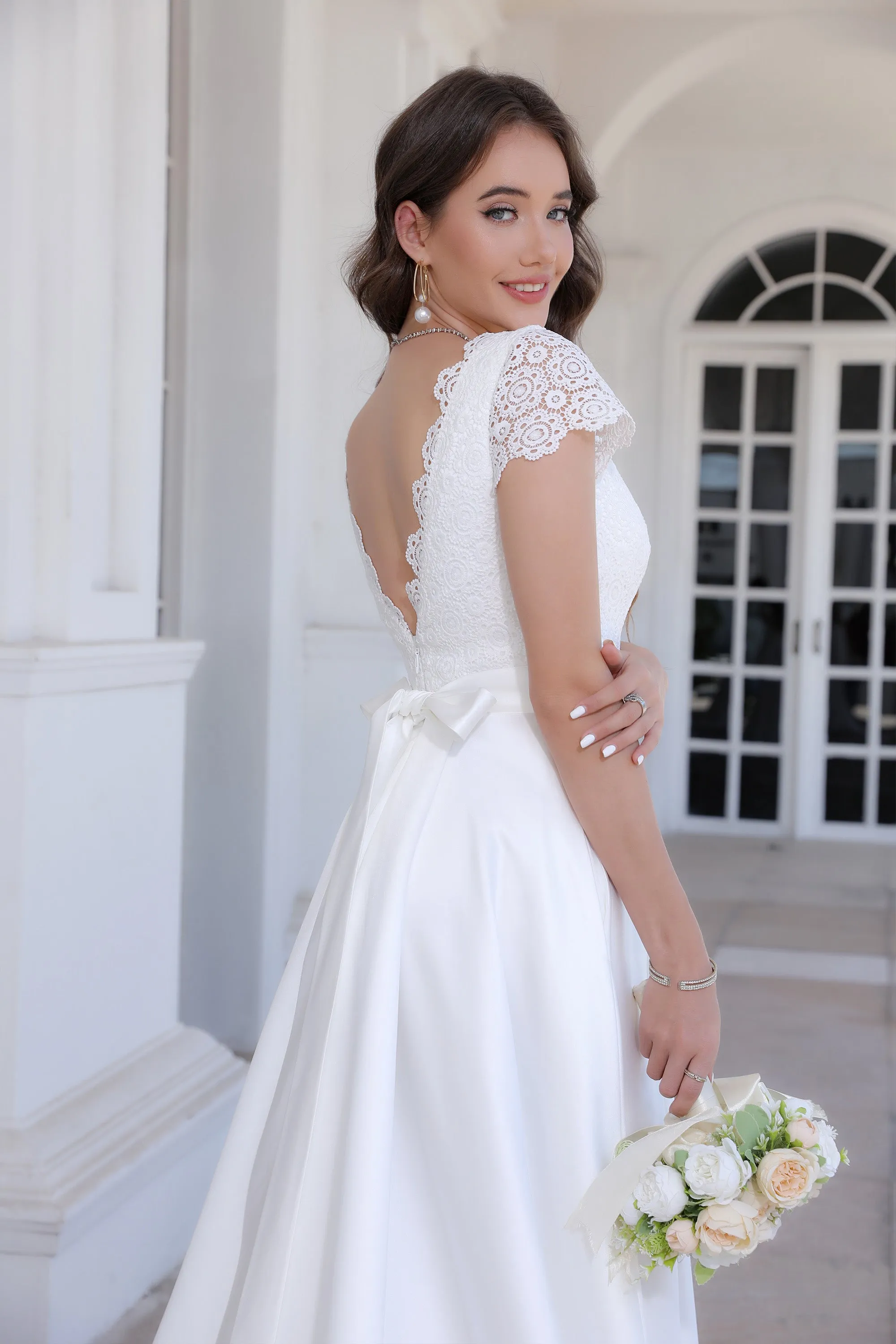 Minimalist Satin A Line Short Sleeve Wedding Dress with Belt