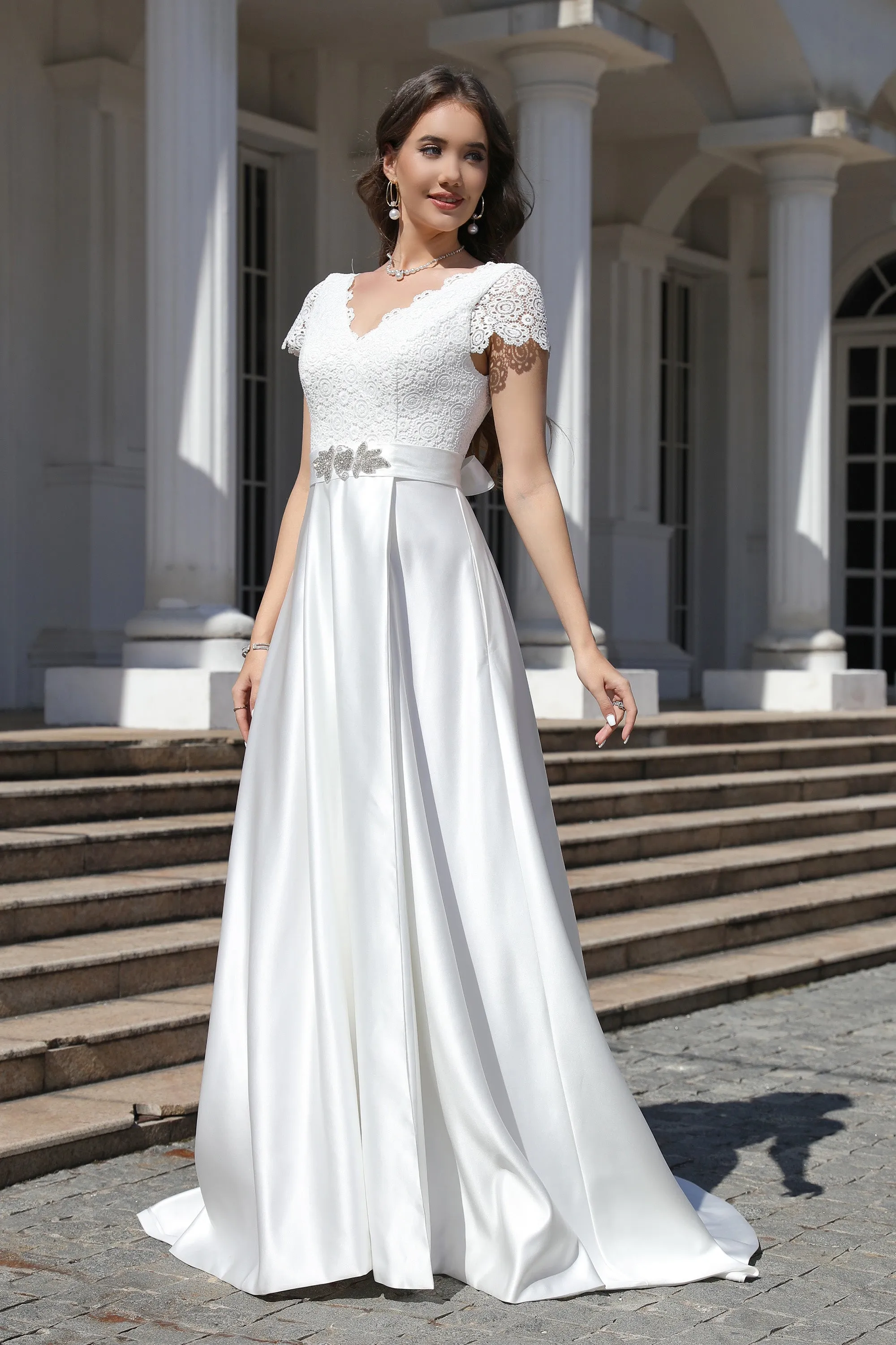 Minimalist Satin A Line Short Sleeve Wedding Dress with Belt
