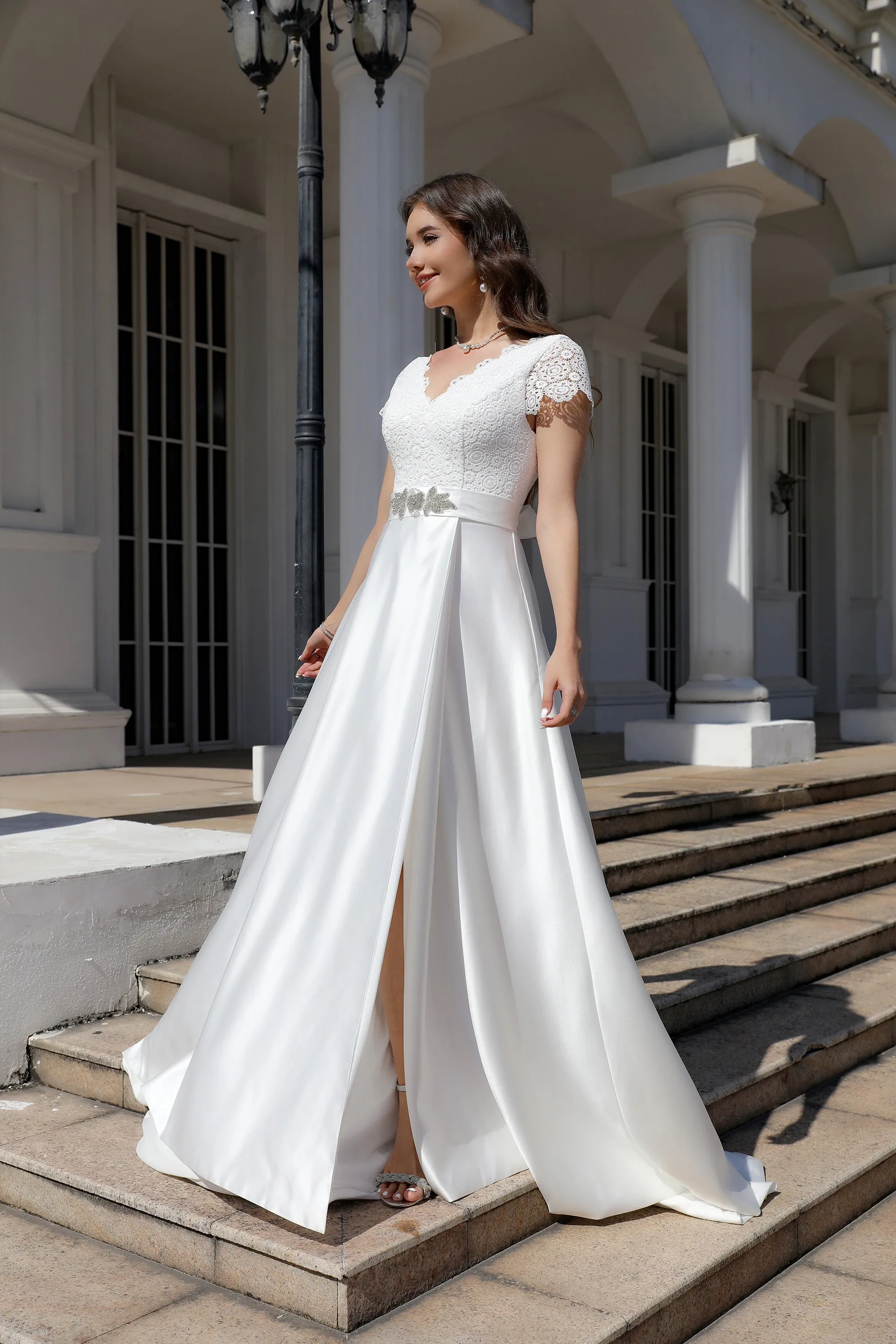Minimalist Satin A Line Short Sleeve Wedding Dress with Belt