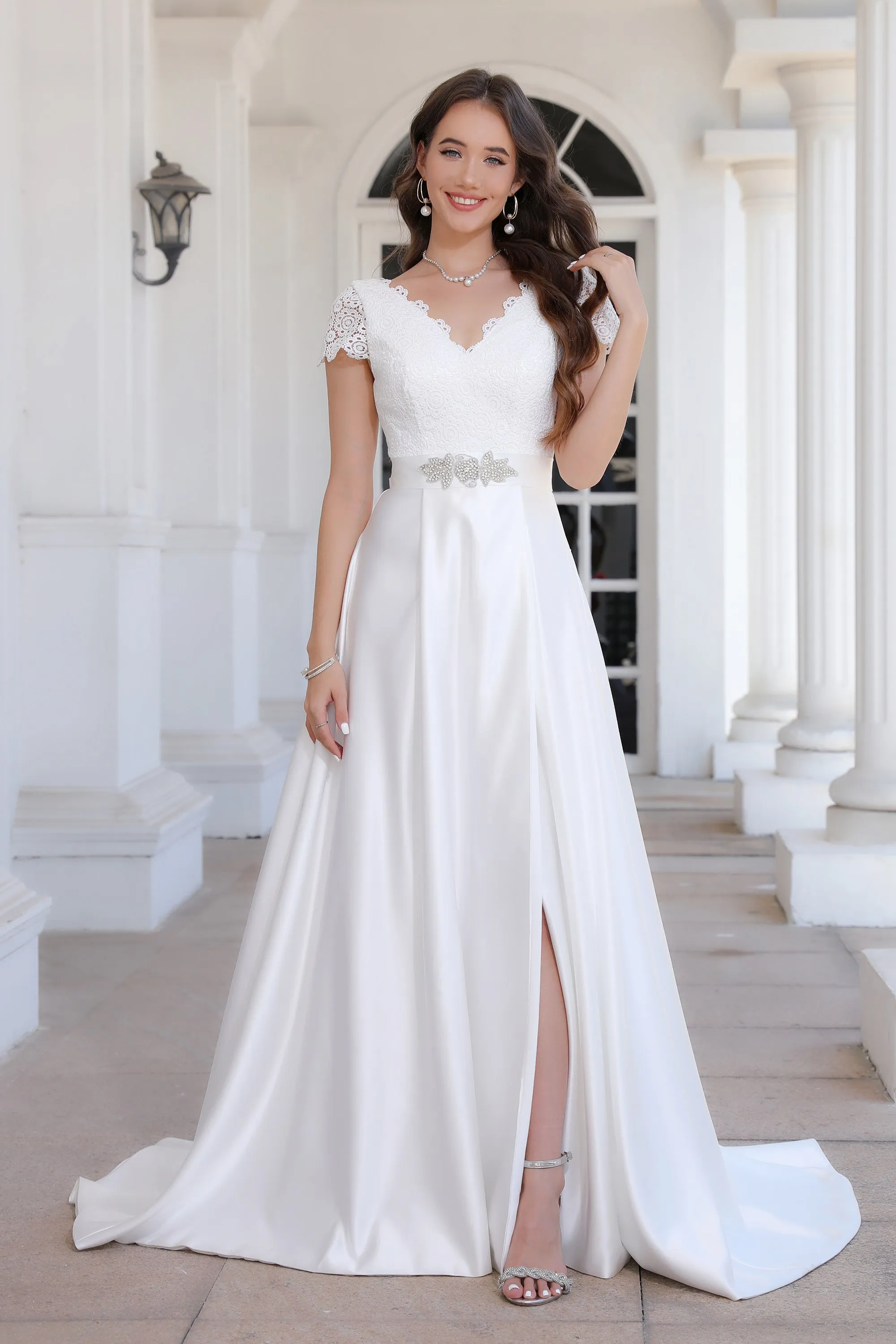 Minimalist Satin A Line Short Sleeve Wedding Dress with Belt