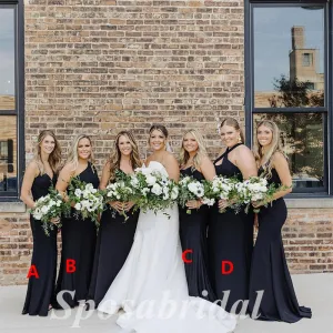 Mismatched Black Soft Satin Sleeveless Mermaid Floor Length Bridesmaid Dress, BD3286