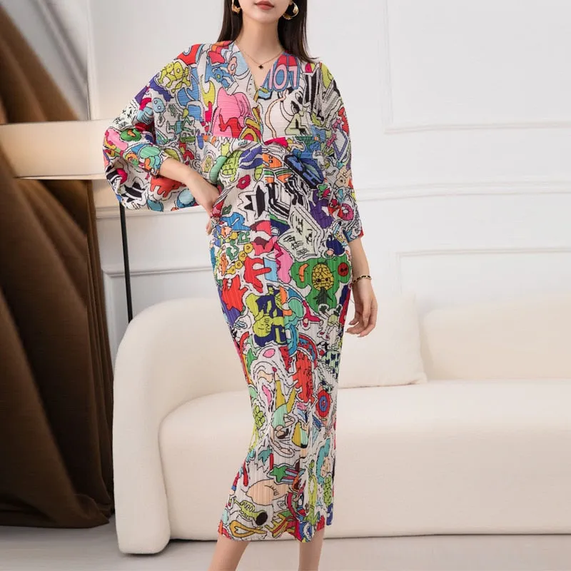 Miyake Graffiti Printed Bat Sleeve V-neck Long Dress at Leisure Party