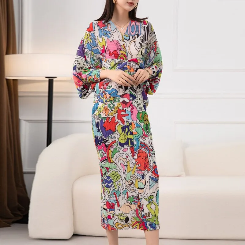 Miyake Graffiti Printed Bat Sleeve V-neck Long Dress at Leisure Party