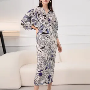 Miyake Graffiti Printed Bat Sleeve V-neck Long Dress at Leisure Party