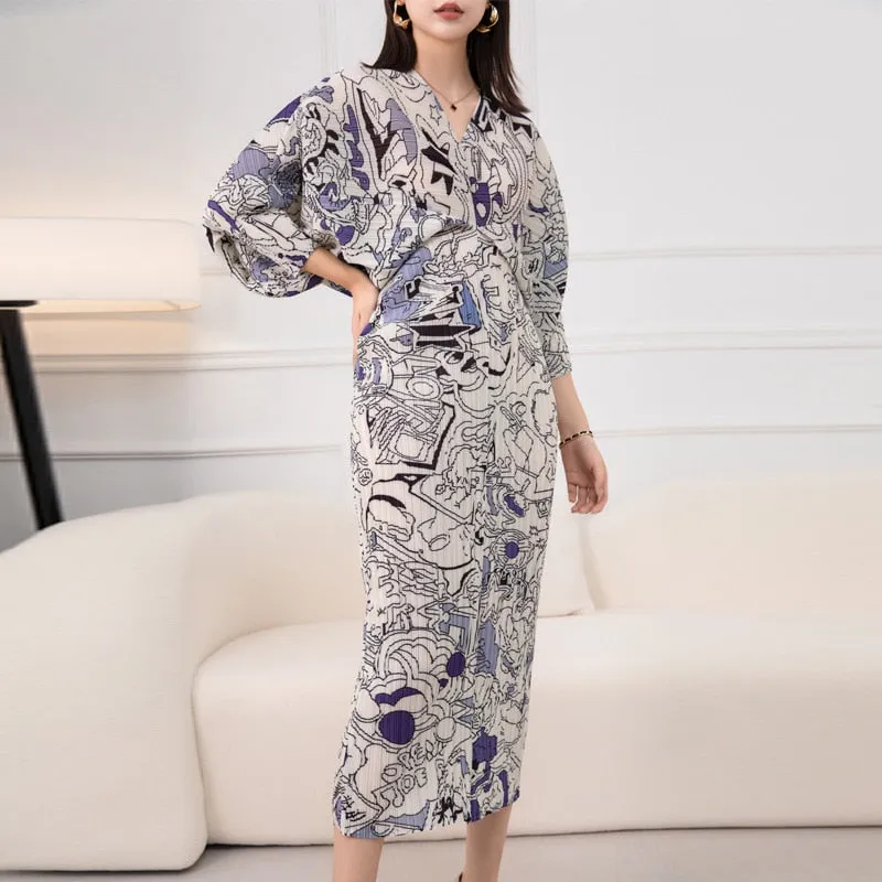 Miyake Graffiti Printed Bat Sleeve V-neck Long Dress at Leisure Party