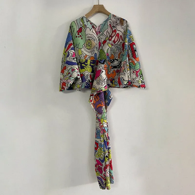 Miyake Graffiti Printed Bat Sleeve V-neck Long Dress at Leisure Party