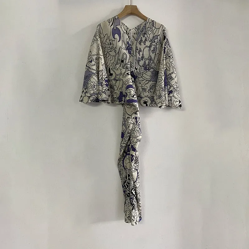 Miyake Graffiti Printed Bat Sleeve V-neck Long Dress at Leisure Party