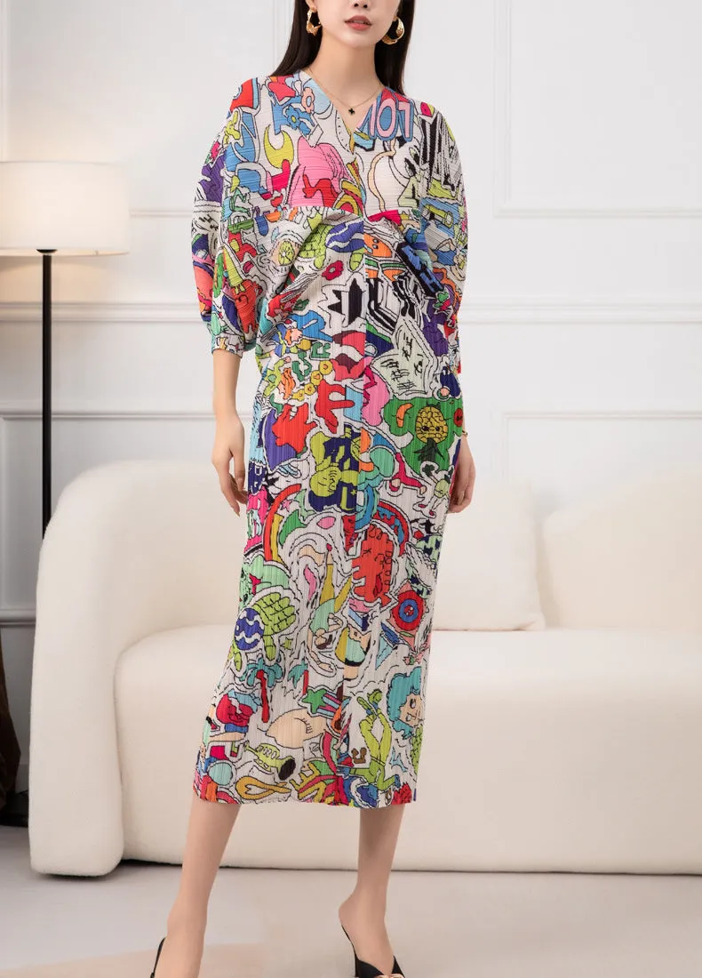 Miyake Graffiti Printed Bat Sleeve V-neck Long Dress at Leisure Party