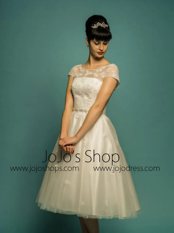 Modest Knee Length Lace Wedding Dress with Short Sleeves