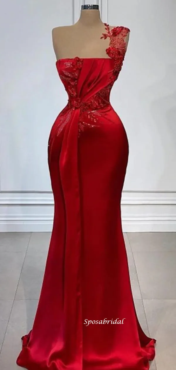 Modest Luxury Scarlett Red One-shoulder Appliques Mermaid Long Prom Dress, PD3521