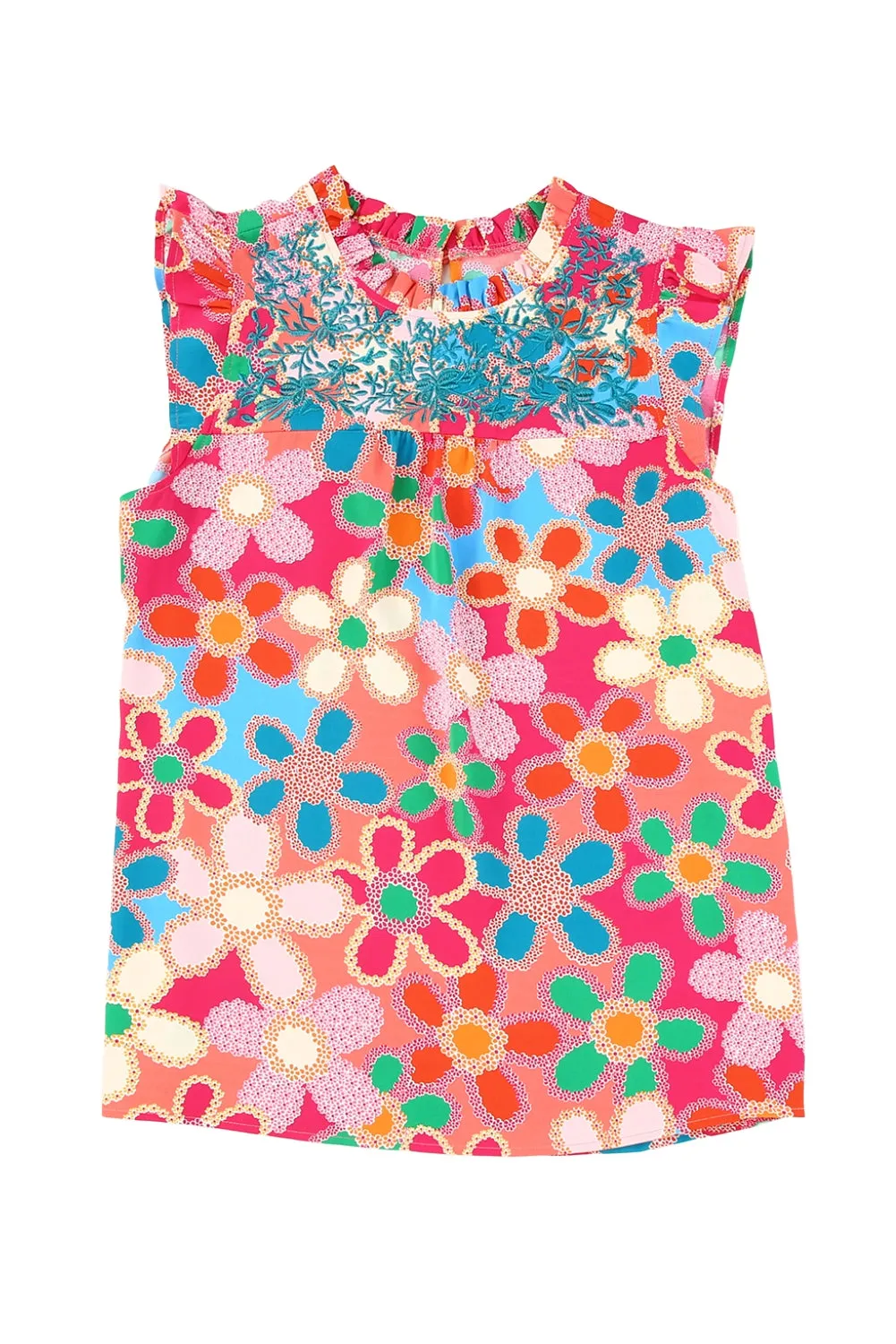Multicolor Plus Size Floral Embroidered Flutter Sleeve Tank Top