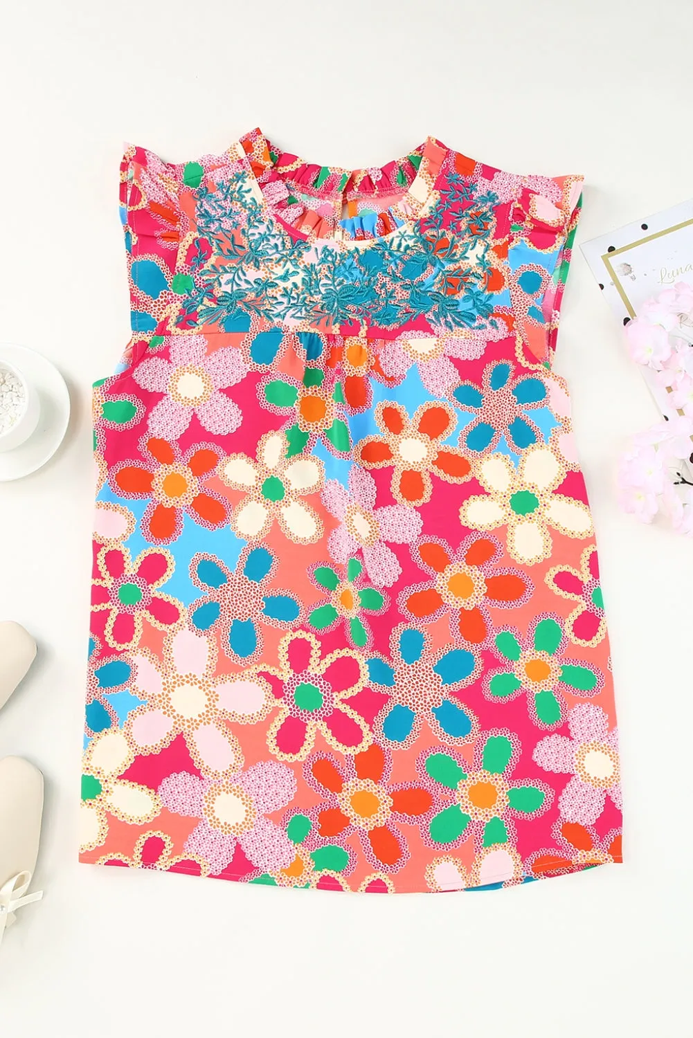 Multicolor Plus Size Floral Embroidered Flutter Sleeve Tank Top