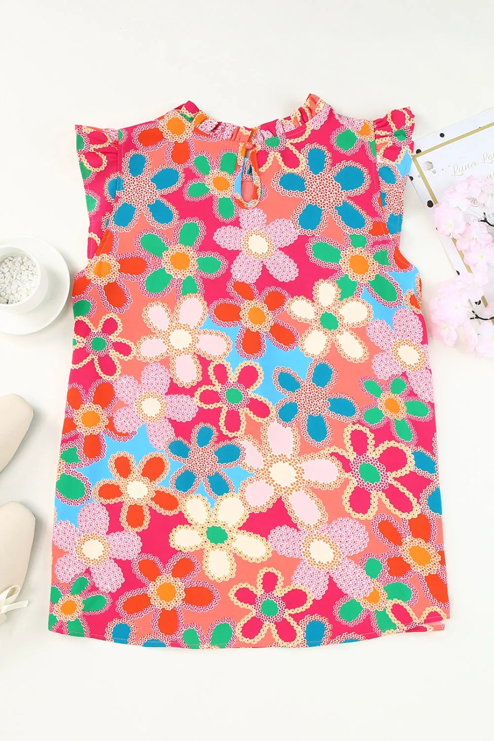 Multicolor Plus Size Floral Embroidered Flutter Sleeve Tank Top