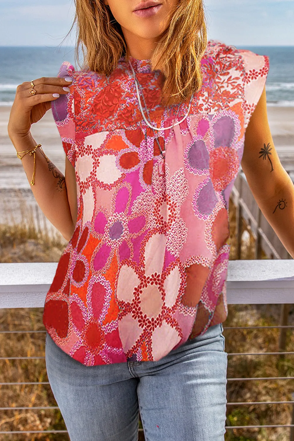 Multicolor Plus Size Floral Embroidered Flutter Sleeve Tank Top