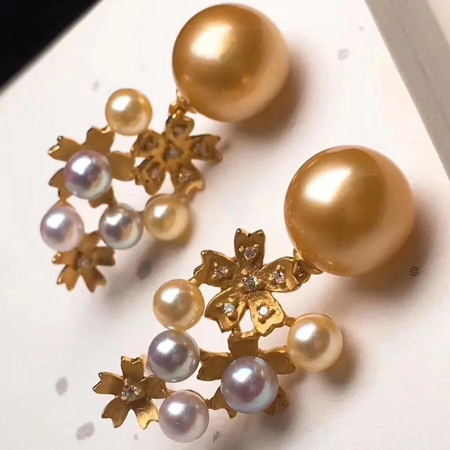 Multiple Pearls Cluster 10.0-11.0 mm Akoya & Golden South Sea Pearl & Diamond Earrings