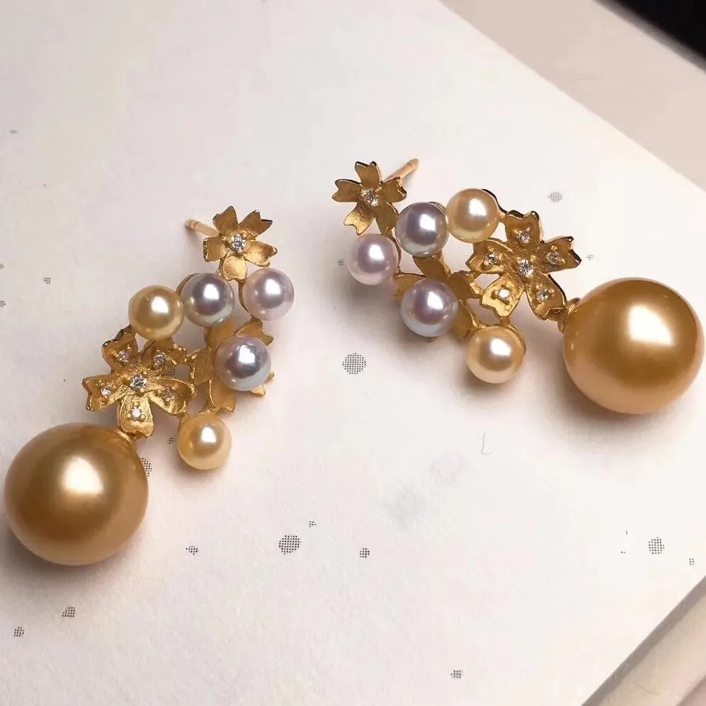 Multiple Pearls Cluster 10.0-11.0 mm Akoya & Golden South Sea Pearl & Diamond Earrings