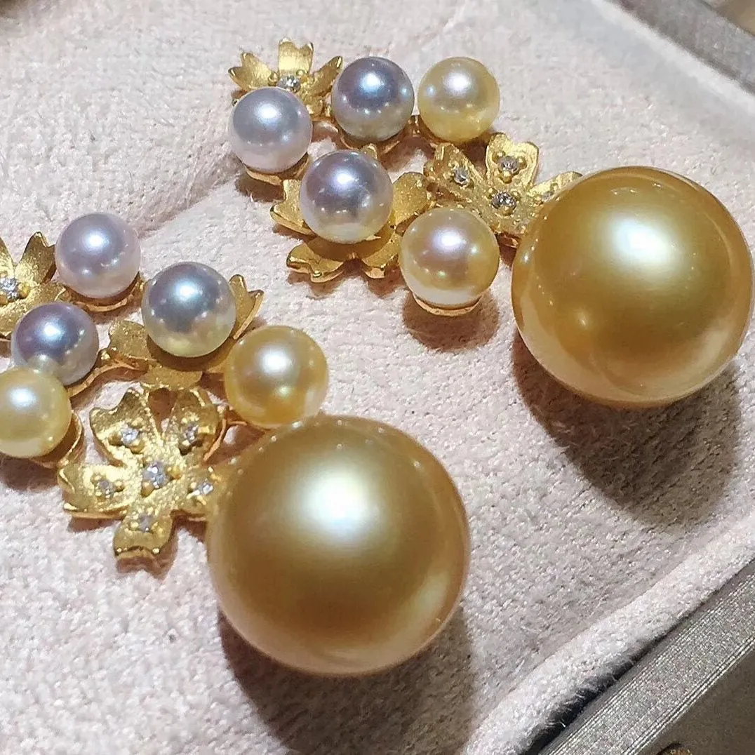 Multiple Pearls Cluster 10.0-11.0 mm Akoya & Golden South Sea Pearl & Diamond Earrings