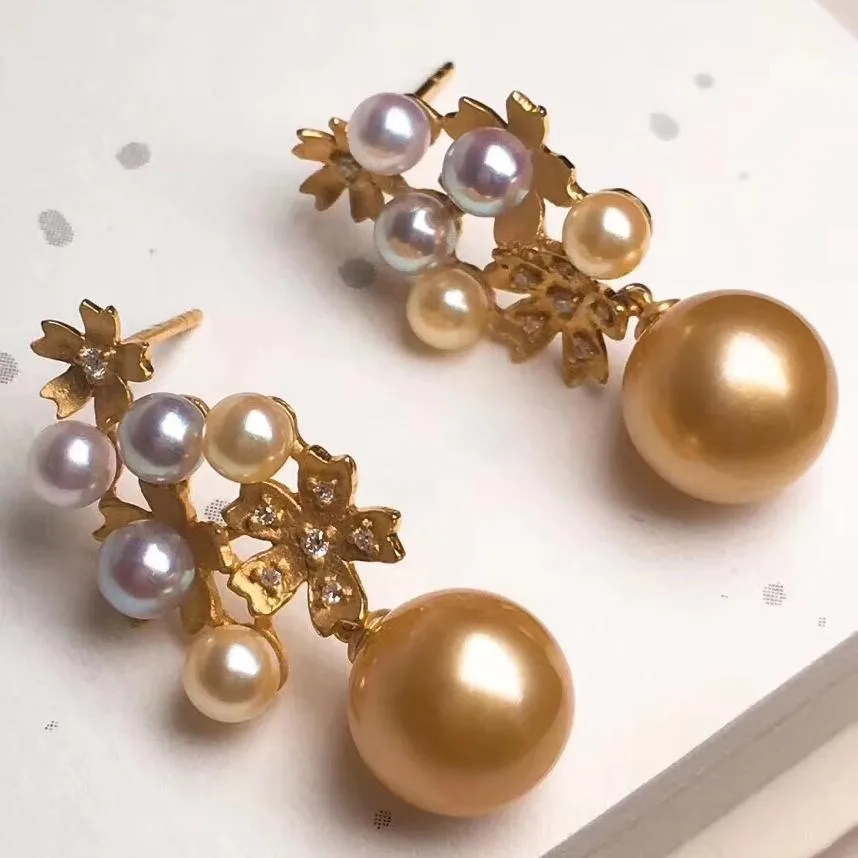 Multiple Pearls Cluster 10.0-11.0 mm Akoya & Golden South Sea Pearl & Diamond Earrings