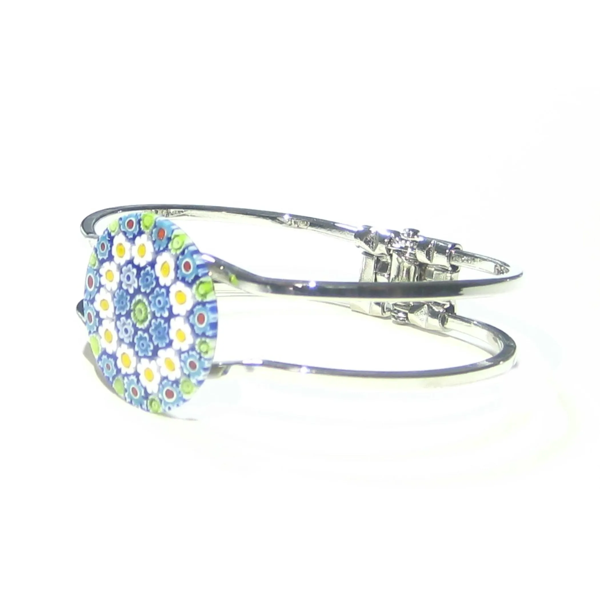 Murano Glass Blue Daisy Millefiori Chrome Bangle Bracelet
