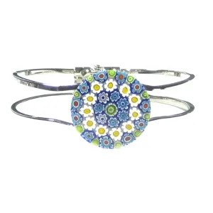 Murano Glass Blue Daisy Millefiori Chrome Bangle Bracelet