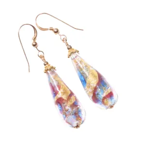 Murano Glass Pink Blue Swirl Teardrop Long Gold Earrings