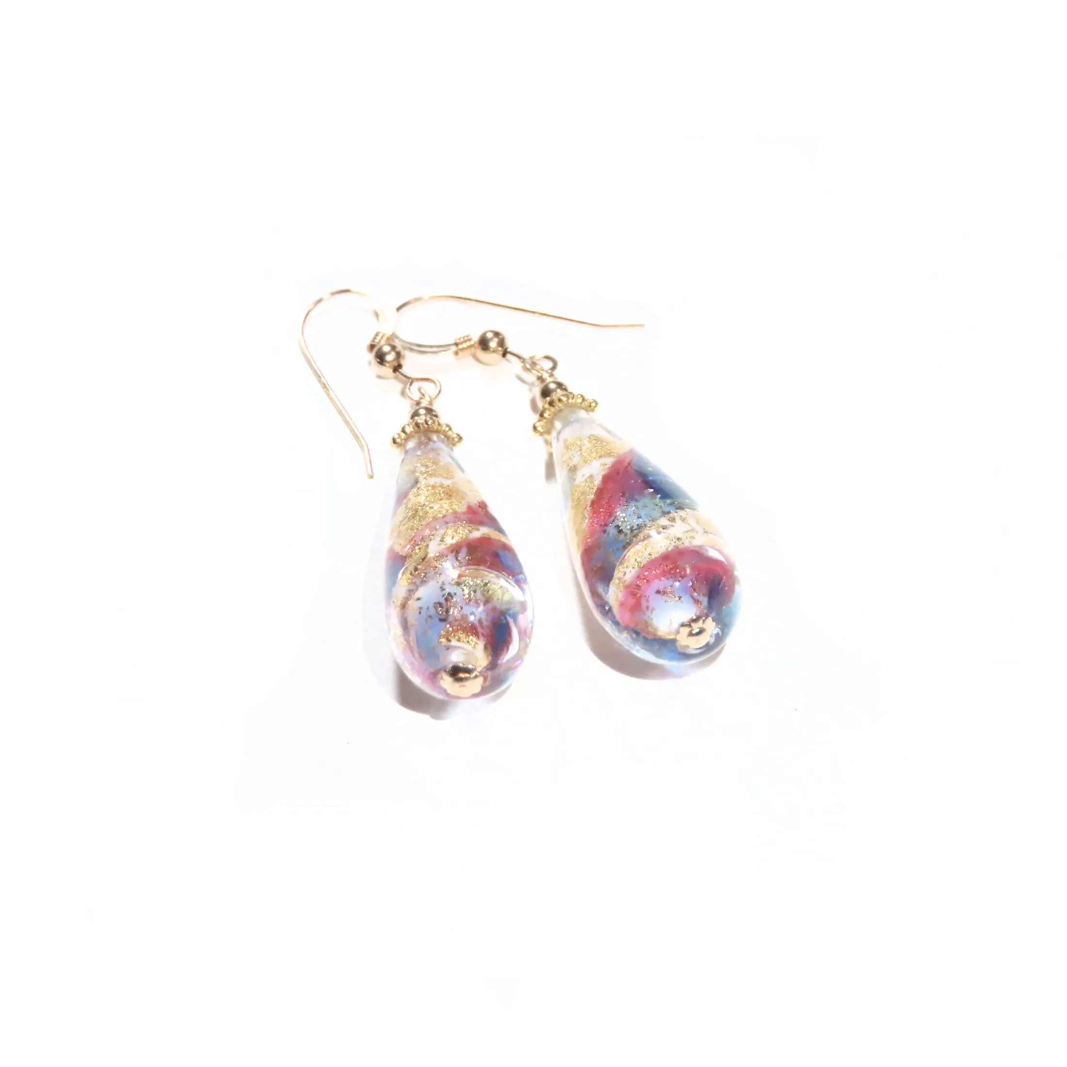 Murano Glass Pink Blue Swirl Teardrop Long Gold Earrings