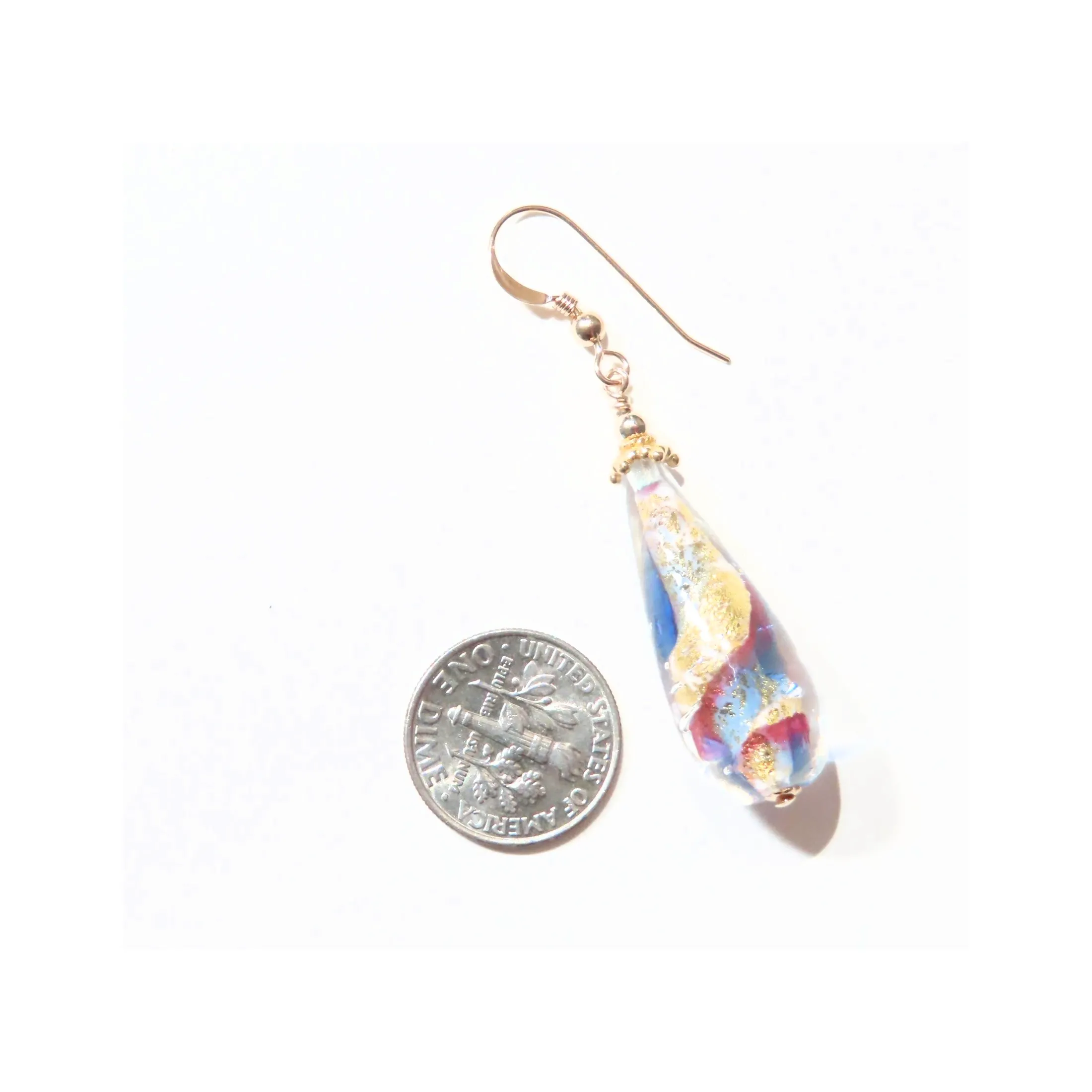 Murano Glass Pink Blue Swirl Teardrop Long Gold Earrings