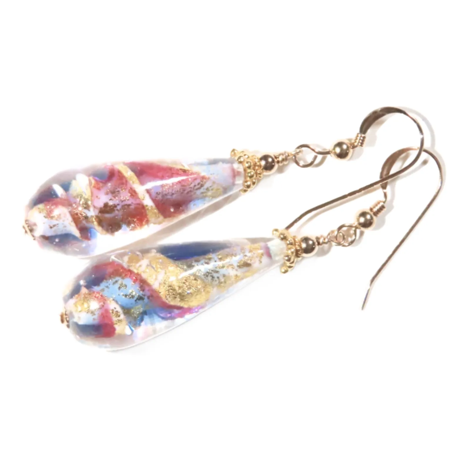 Murano Glass Pink Blue Swirl Teardrop Long Gold Earrings