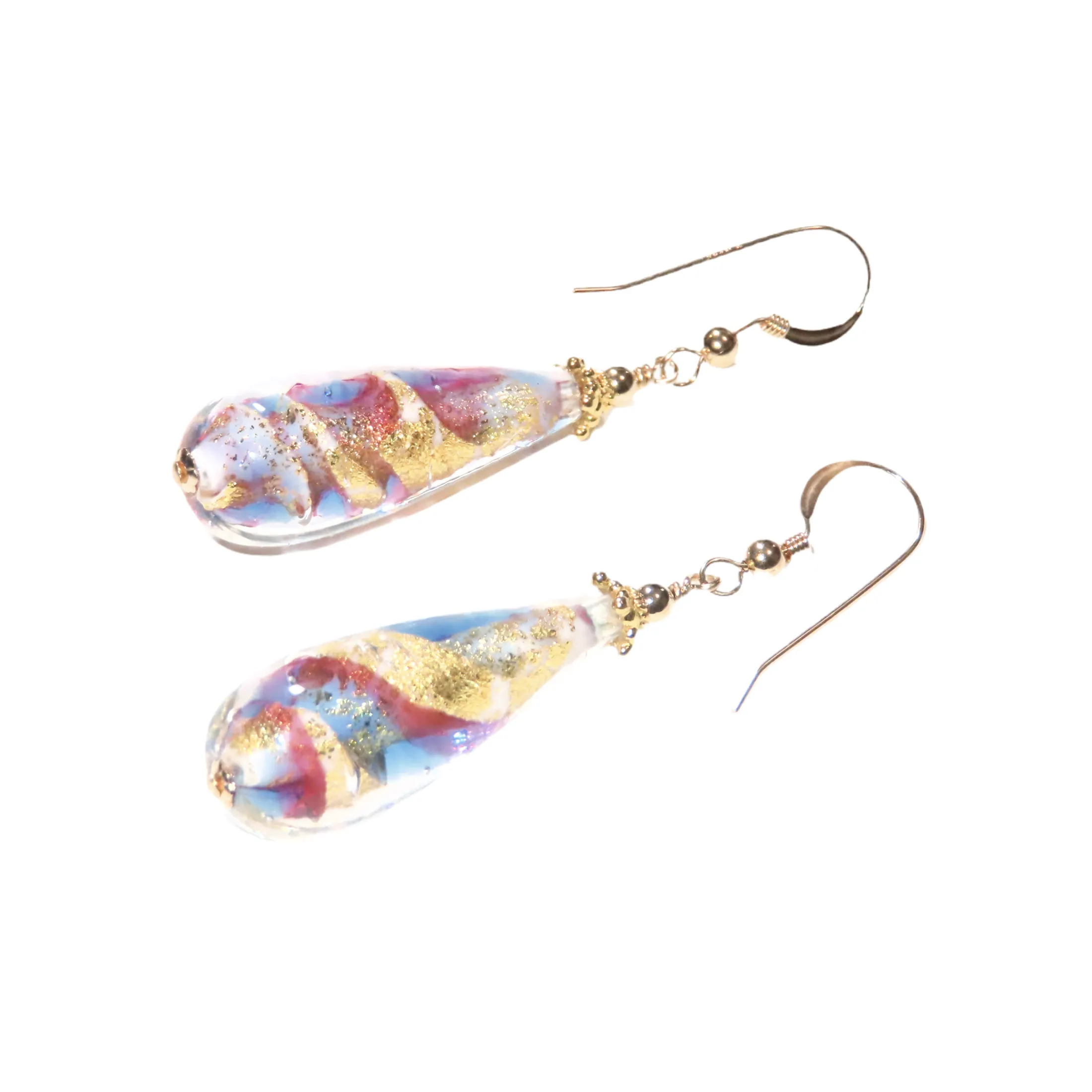Murano Glass Pink Blue Swirl Teardrop Long Gold Earrings