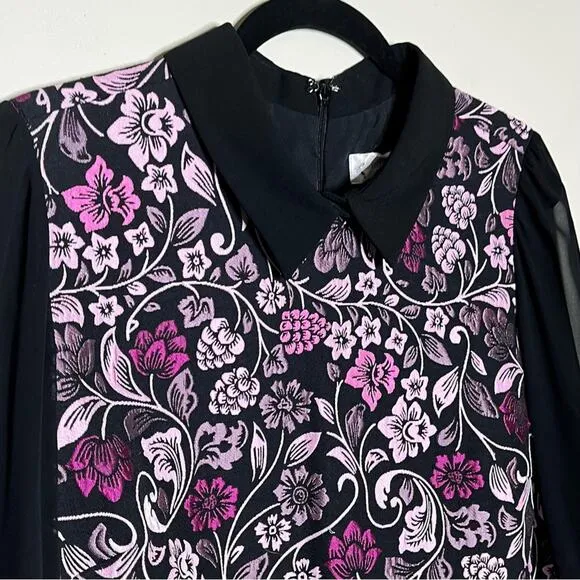 NANETTE LEPORE Moody Romance Jacquard Floral Shift Dress w/Sheer Sleeves Size 14