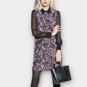 NANETTE LEPORE Moody Romance Jacquard Floral Shift Dress w/Sheer Sleeves Size 14