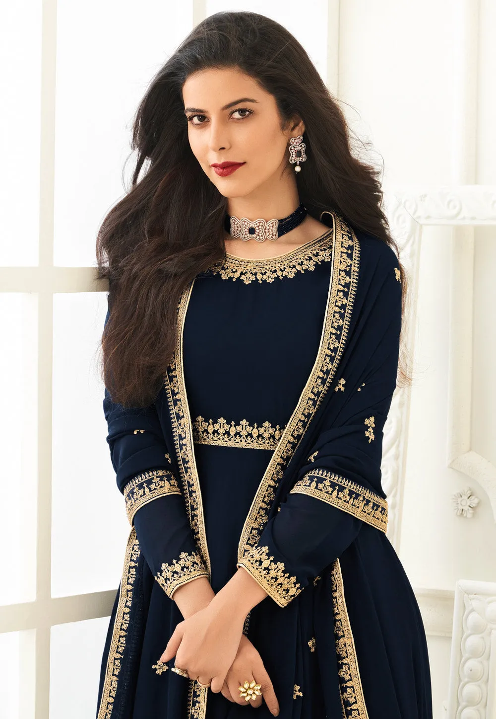 Navy Blue Embroidered Anarkali Suit