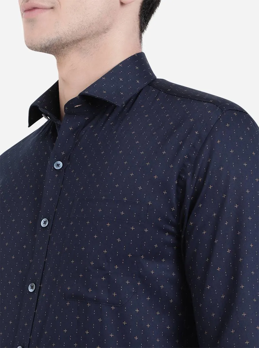Navy Blue Printed Regular Fit Formal Shirt | JadeBlue